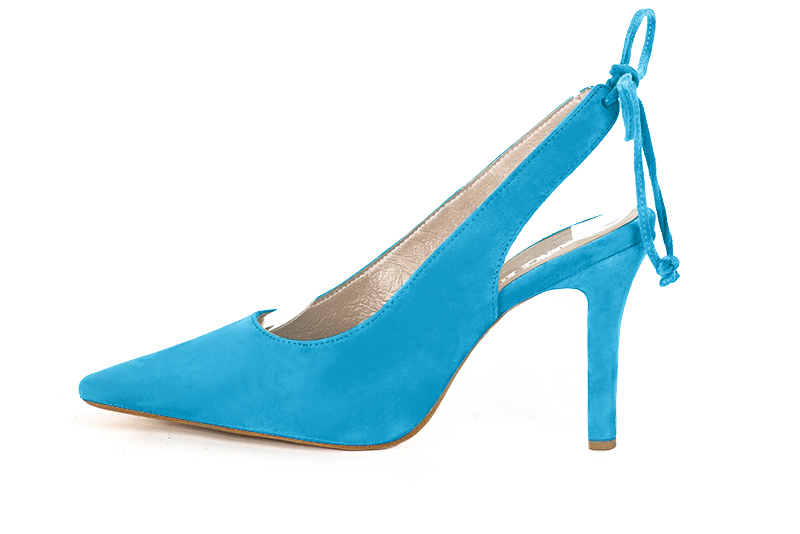 Turquoise blue women's slingback shoes. Pointed toe. High slim heel. Profile view - Florence KOOIJMAN